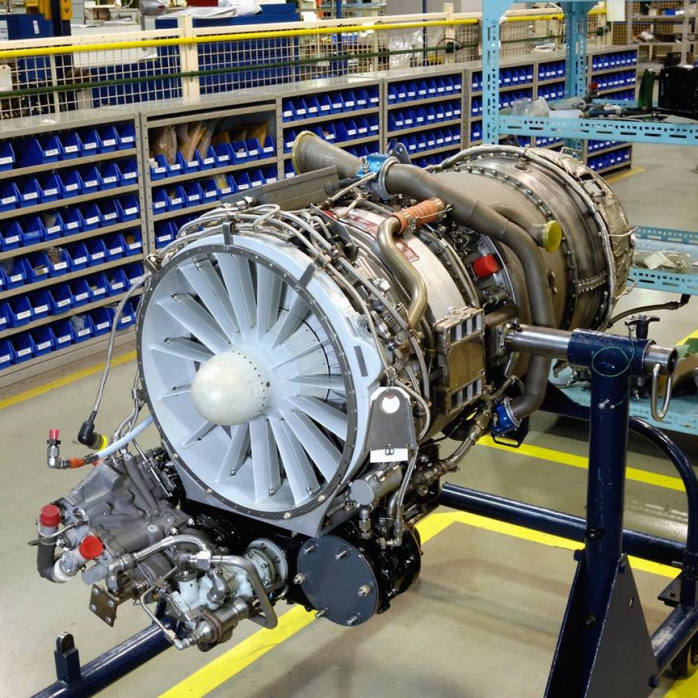 Gas turbine (jet) engine on stand for overhaul